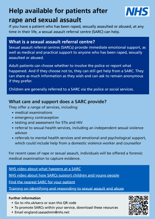 NHS Support for sexual assault and abuse